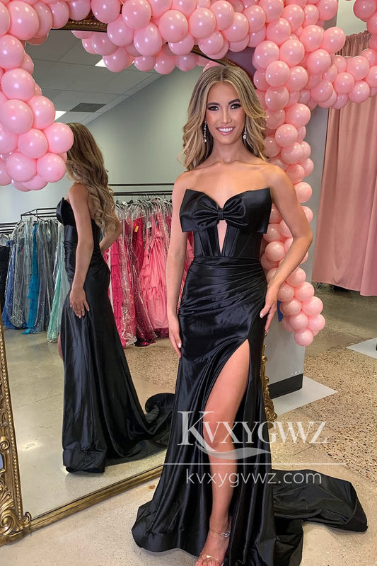 Mermaid Strapless Keyhole Evening Gown Black Satin Sweep Train Long Prom Dress Sweep Train with Slit LF1306