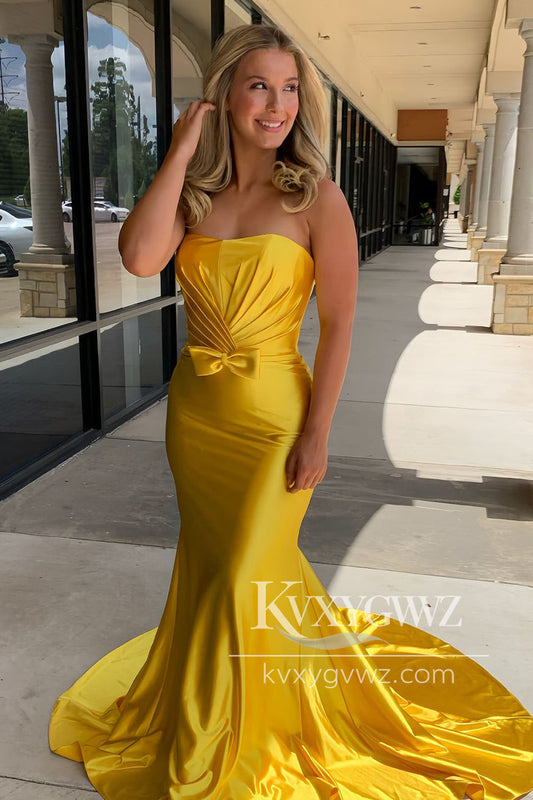 Stunning Mermaid Strapless Evening Gown Gold Satin Sweep Train Long Prom Dress Gown LF1307