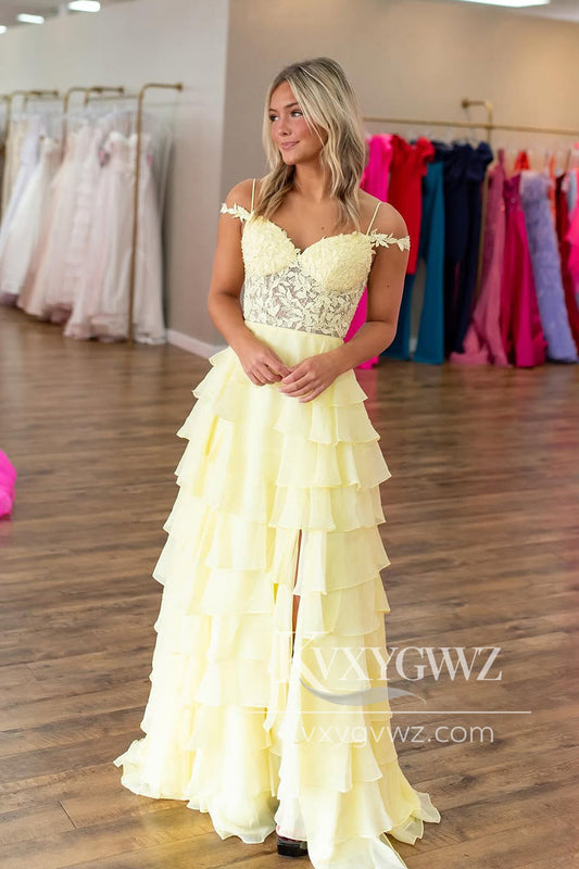 A-Line Cold Shoulder Evening Gown Yellow Ruffle Tiered Long Prom Dress with Slit LF1308
