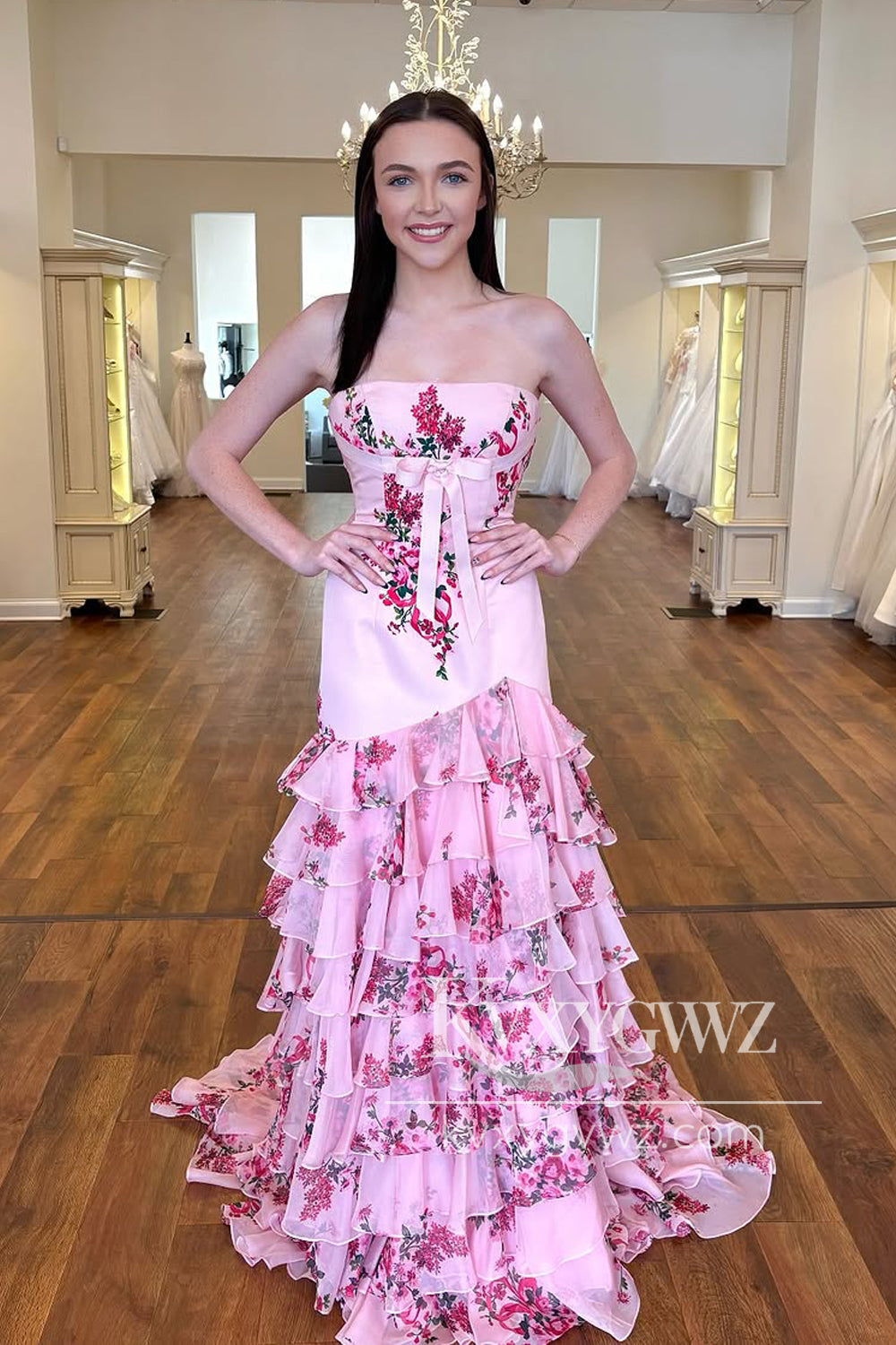 Mermaid Strapless Evening Gown Pink Floral Printed Ruffle Tiered Long Prom Dress with Slit LF1309
