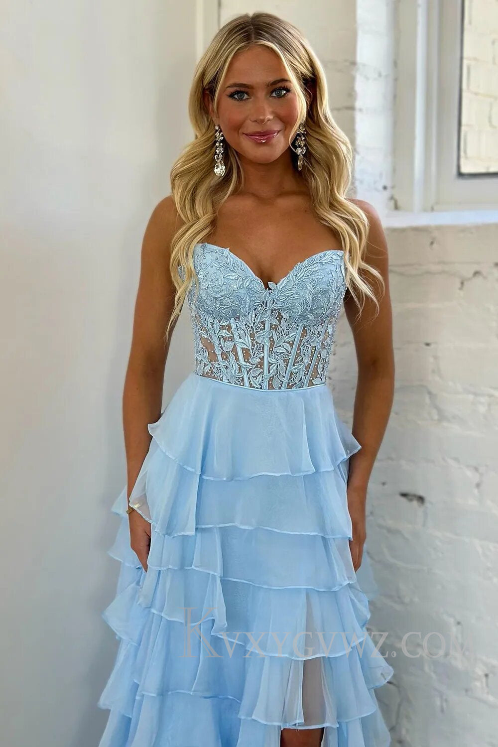 Pink Corset A-Line Sweetheart Tiered Long Prom Dress with Lace LF131