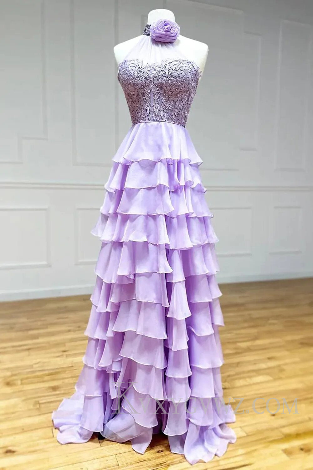 Pink Corset A-Line Sweetheart Tiered Long Prom Dress with Lace LF131