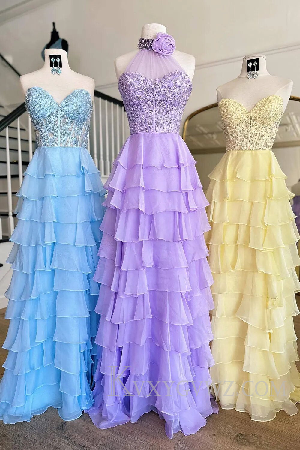 Pink Corset A-Line Sweetheart Tiered Long Prom Dress with Lace LF131