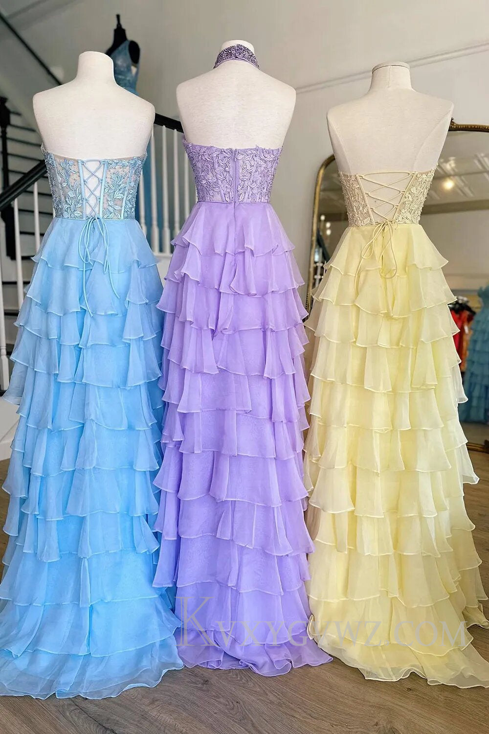 Pink Corset A-Line Sweetheart Tiered Long Prom Dress with Lace LF131
