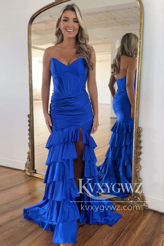Royal Blue Mermaid Sweetheart Evening Gown Corset Satin Ruffled Tiered Long Prom Dress with Slit LF1310