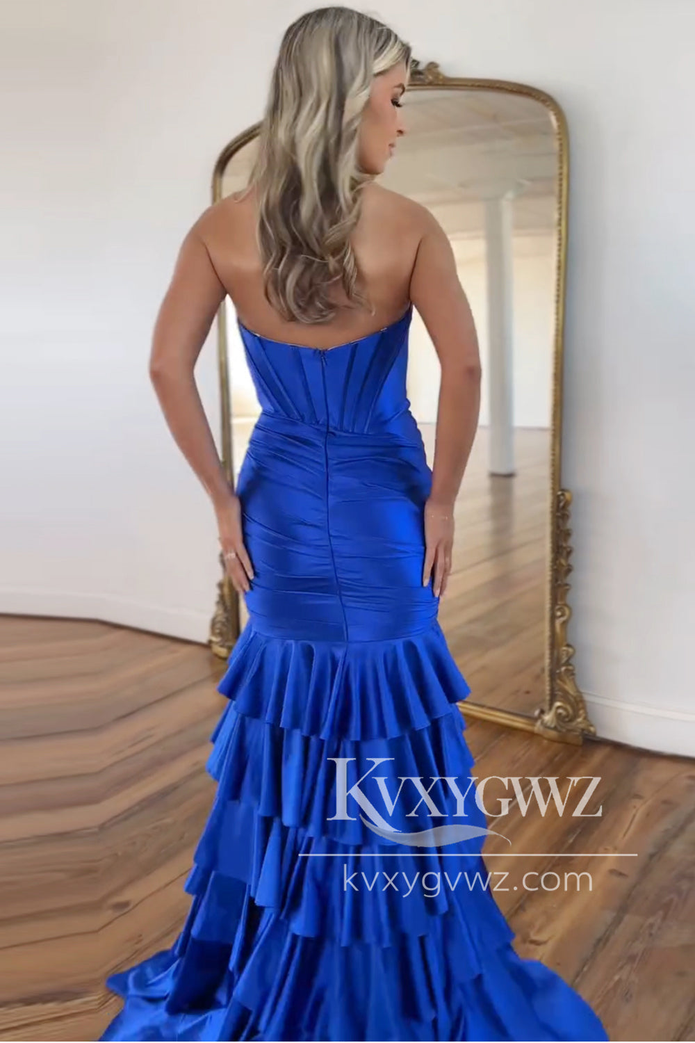Royal Blue Mermaid Sweetheart Evening Gown Corset Satin Ruffled Tiered Long Prom Dress with Slit LF1310