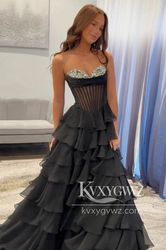 Black A Line Corset Evening Gown Ruffle Tiered Long Prom Dress with Beadings LF1311