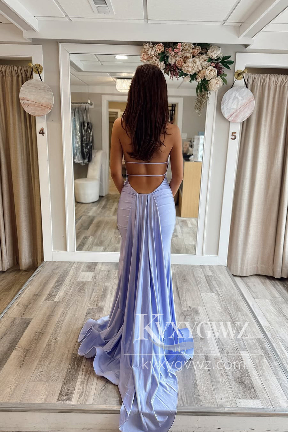 Mermaid Halter Evening Gown Lavender Satin Sweep Train Long Prom Dress with Slit LF1312