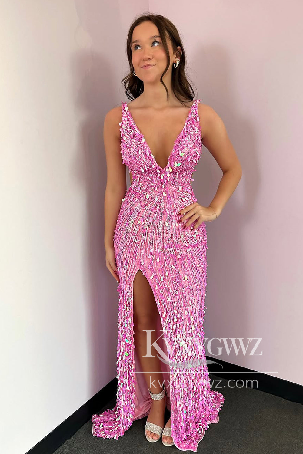 Mermaid Deep V Neck Evening Gown Royal Blue Sequins Long Prom Dress with Slit LF1313