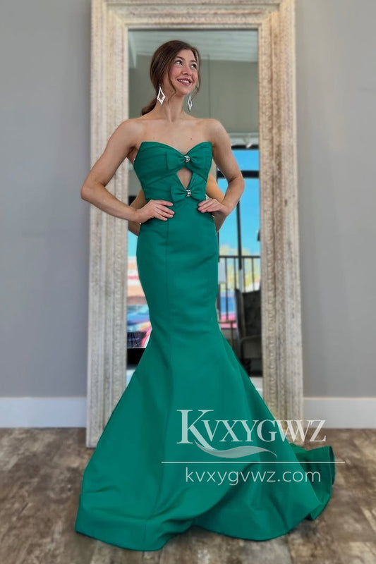 Mermaid Strapless Evening Gown Green Satin Keyhole Sweep Train Long Prom Dress LF1314
