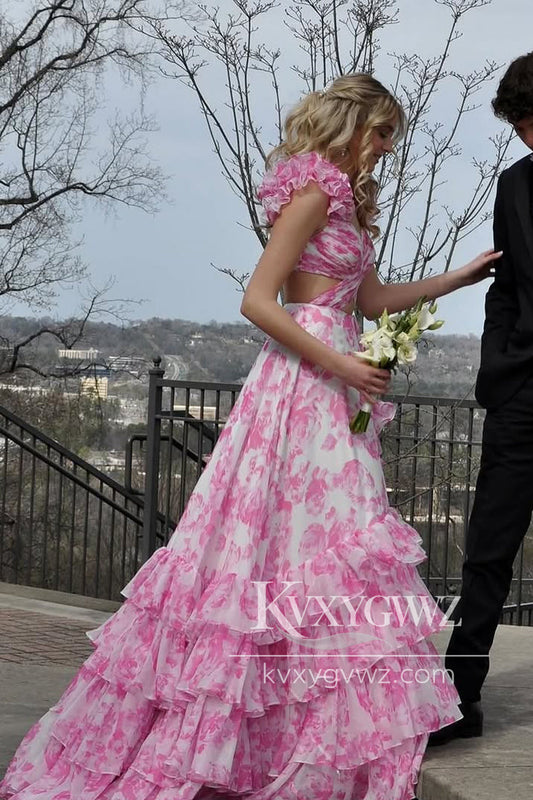 A-Line V Neck Evening Gown Pink Floral Printed Chiffon Ruffle Tiered Long Prom Dress LF1315
