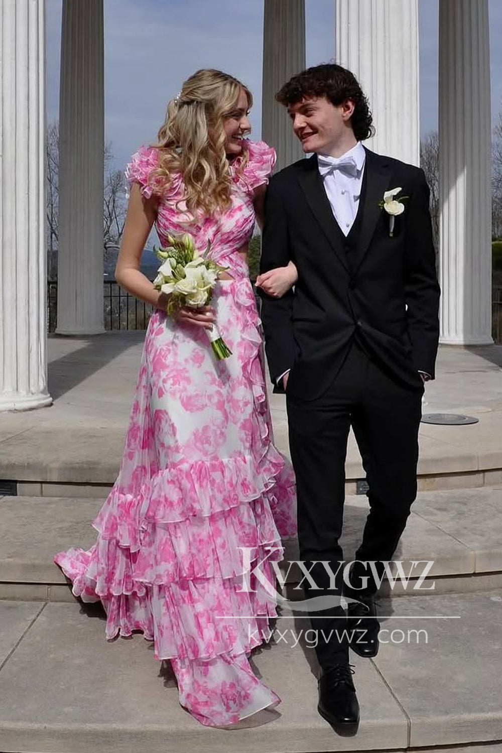 A-Line V Neck Evening Gown Pink Floral Printed Chiffon Ruffle Tiered Long Prom Dress LF1315