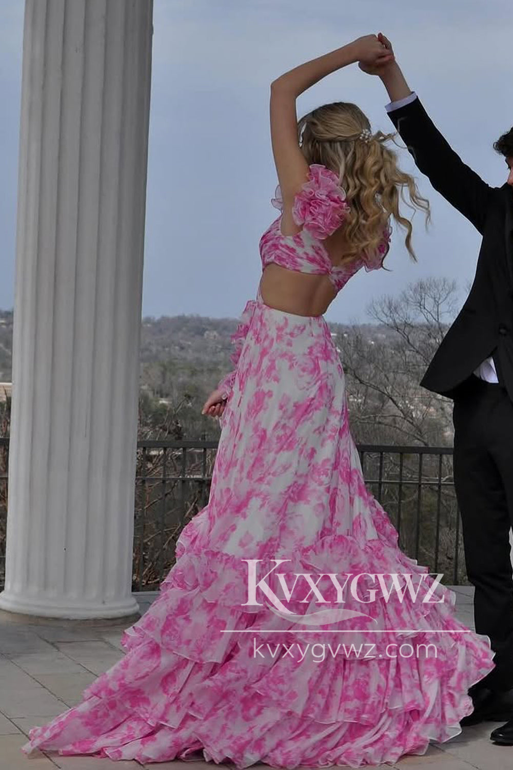 A-Line V Neck Evening Gown Pink Floral Printed Chiffon Ruffle Tiered Long Prom Dress LF1315