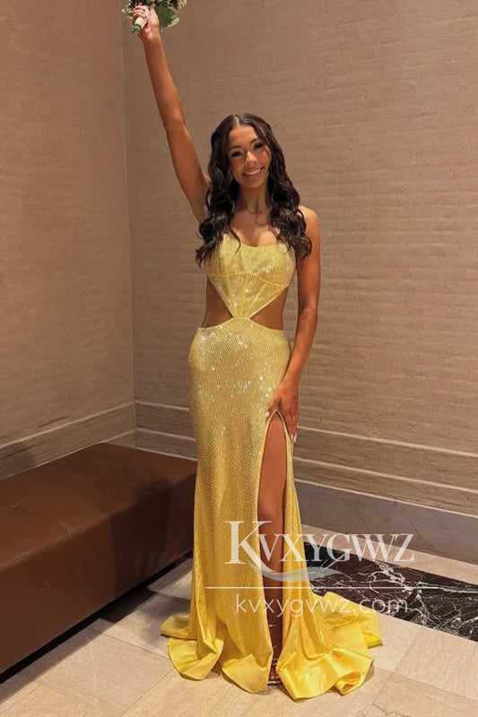 Conspicuous Hot Stone Beading Evening Gown Mermaid Straps Yellow Long Prom Dress with Slit LF1317