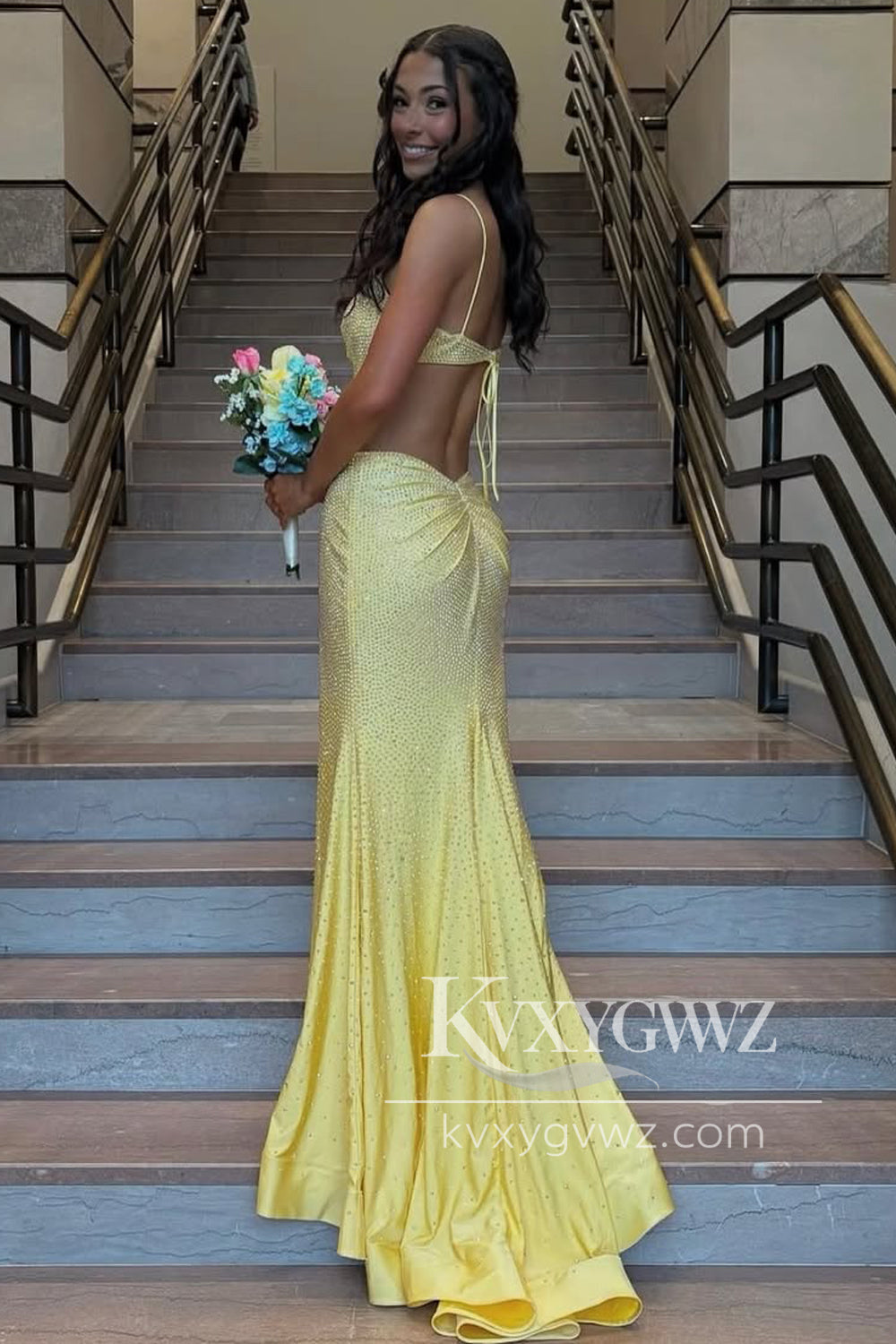 Conspicuous Hot Stone Beading Evening Gown Mermaid Straps Yellow Long Prom Dress with Slit LF1317