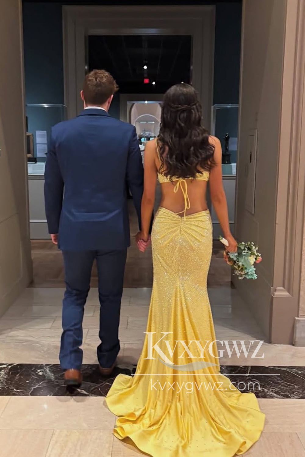 Conspicuous Hot Stone Beading Evening Gown Mermaid Straps Yellow Long Prom Dress with Slit LF1317