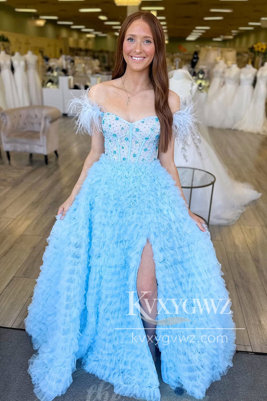 A-Line Off the Shoulder Evening Gown Light Blue Tulle Long Prom Dress with Slit LF1318