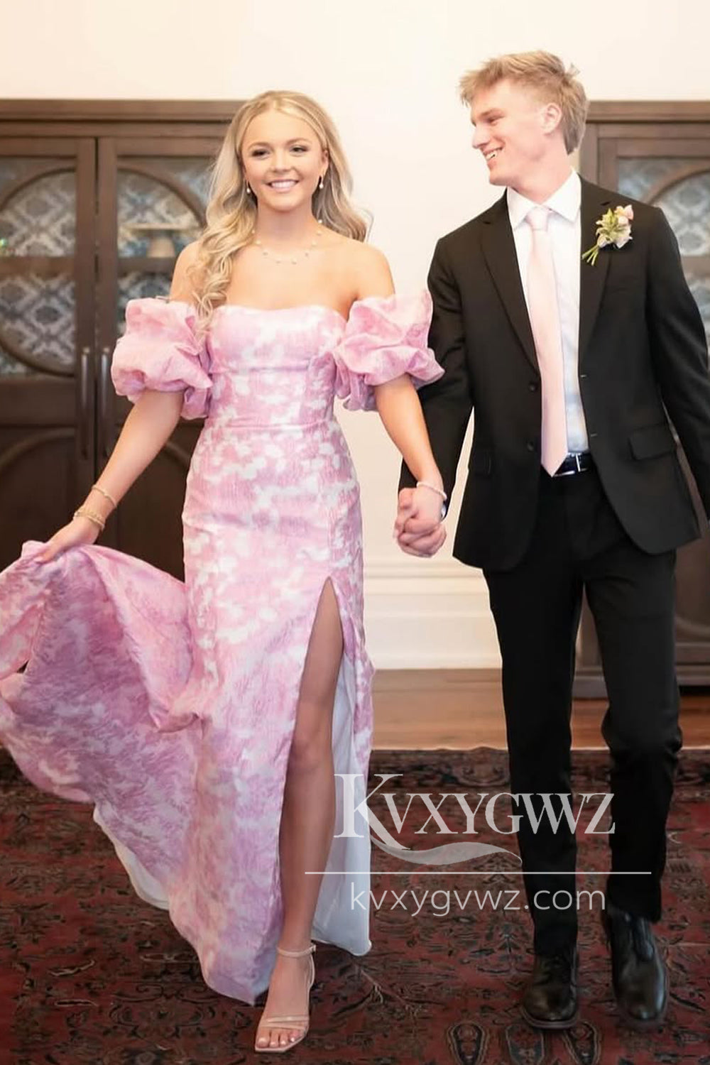 Mermaid Strapless Evening Gown Pink Floral Printed Long Prom Dress with Sleeves LF1319