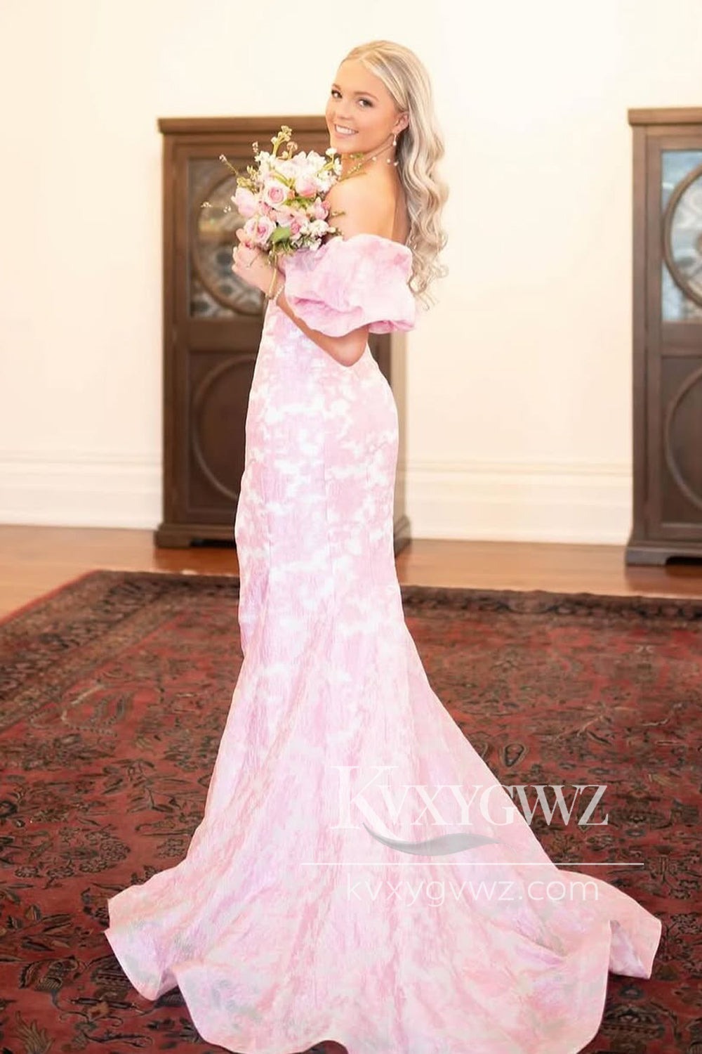 Mermaid Strapless Evening Gown Pink Floral Printed Long Prom Dress with Sleeves LF1319