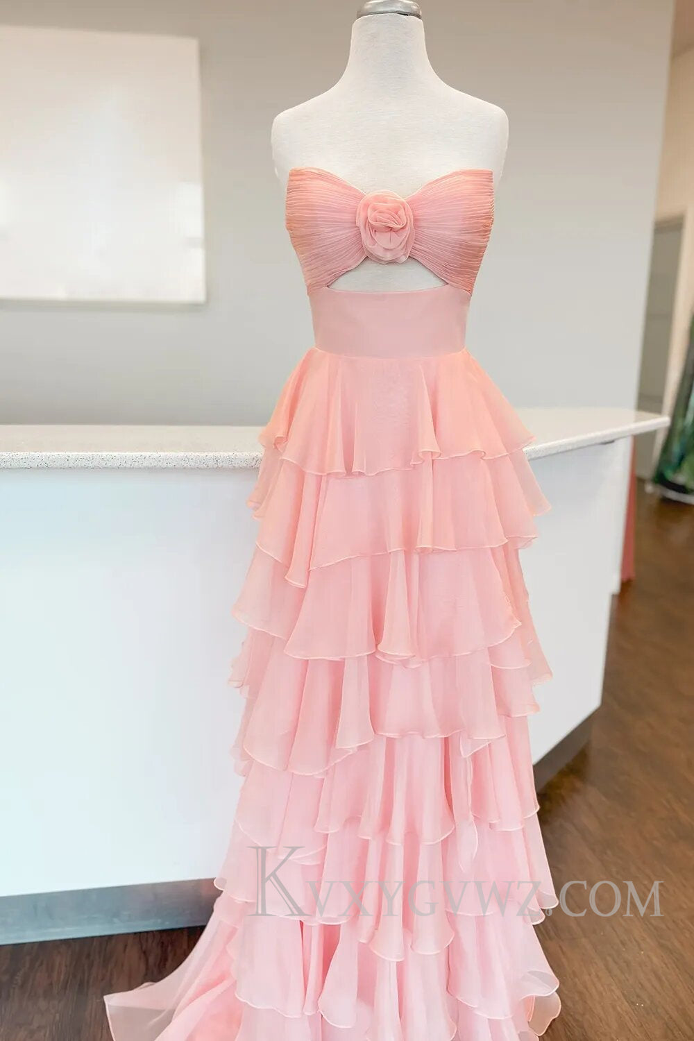 Princess Blush Sweetheart Ruffled Long Prom Dress with Slit LF132
