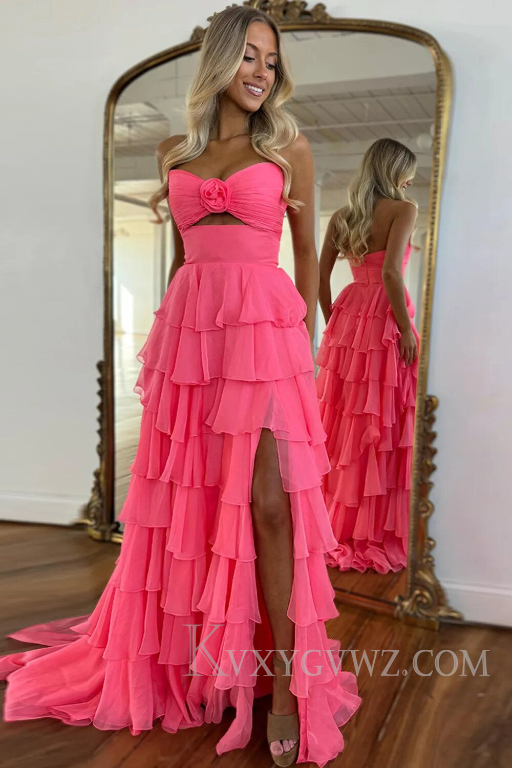 Princess Blush Sweetheart Ruffled Long Prom Dress with Slit LF132