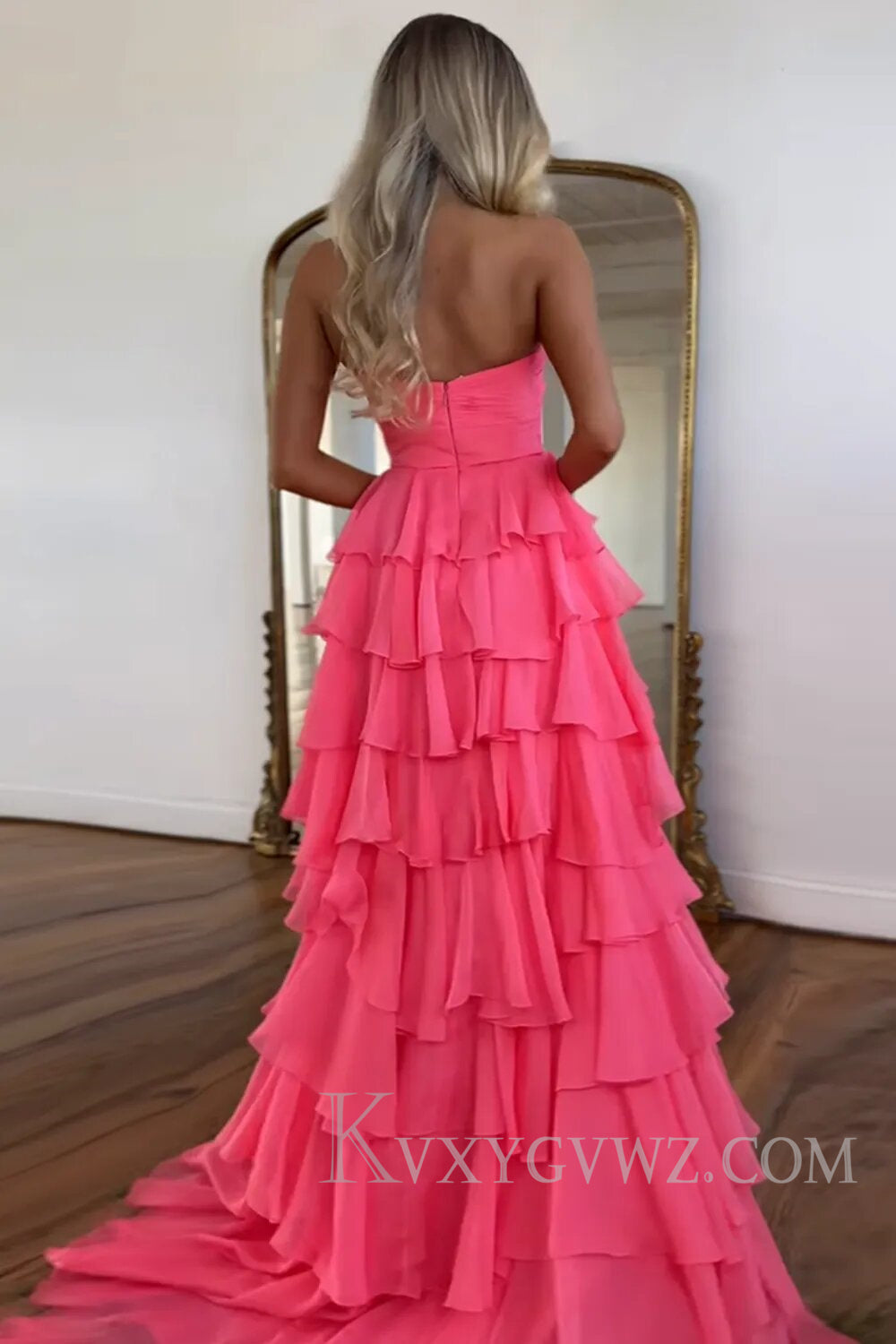 Princess Blush Sweetheart Ruffled Long Prom Dress with Slit LF132
