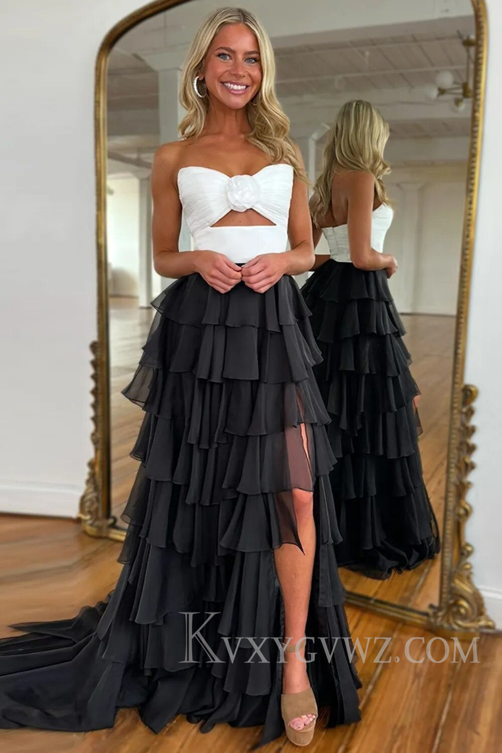 Princess Blush Sweetheart Ruffled Long Prom Dress with Slit LF132
