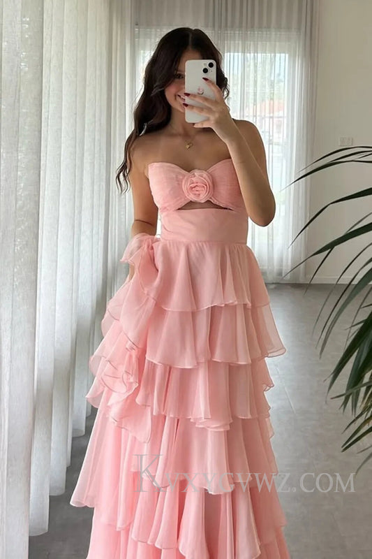 Princess Blush Sweetheart Ruffled Long Prom Dress with Slit LF132