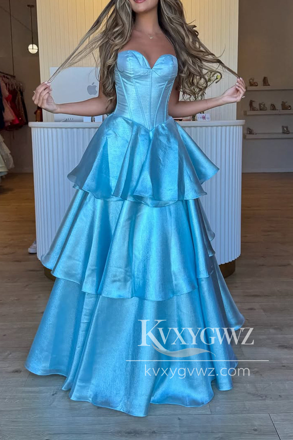 A-Line Strapless Light Blue Evening Gown Ruffle Tiered Long Prom Dress with Bowknot LF1320