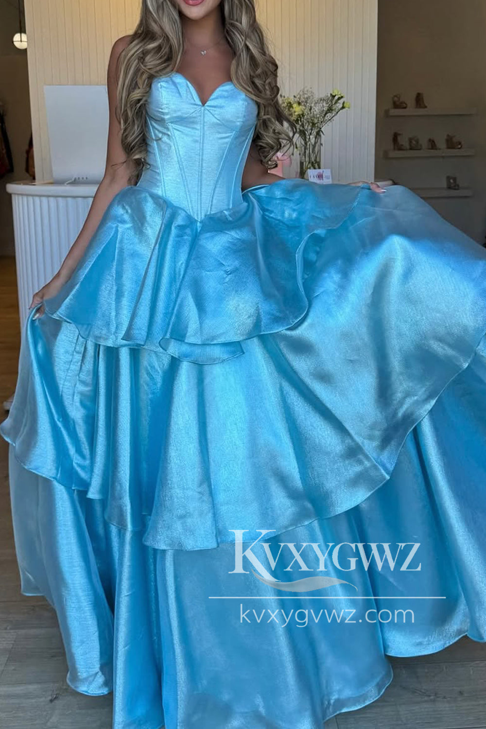 A-Line Strapless Light Blue Evening Gown Ruffle Tiered Long Prom Dress with Bowknot LF1320