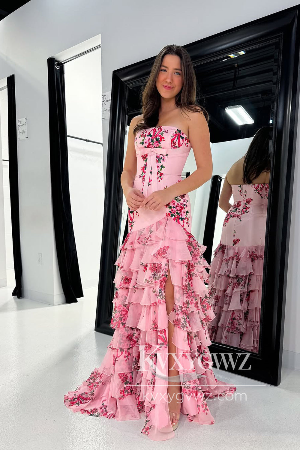 Sheath Strapless Evening Gown Floral Printed Ruffle Tiered Chiffon Prom Dress with Slit LF1321