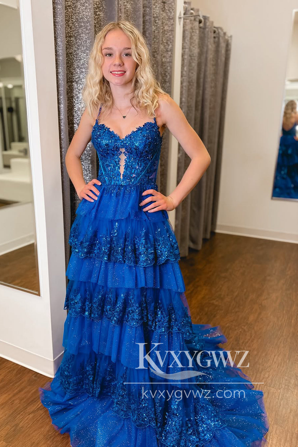 A-Line Sweetheart Royal Blue Evening Gown Ruffle Tiered Long Prom Dress with Appliques LF1322