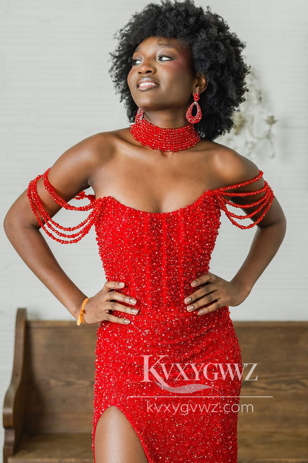 Mermaid Off the Shoulder Evening Gown Red Sequins Sweep Train Long Prom Dress with Slit LF1323