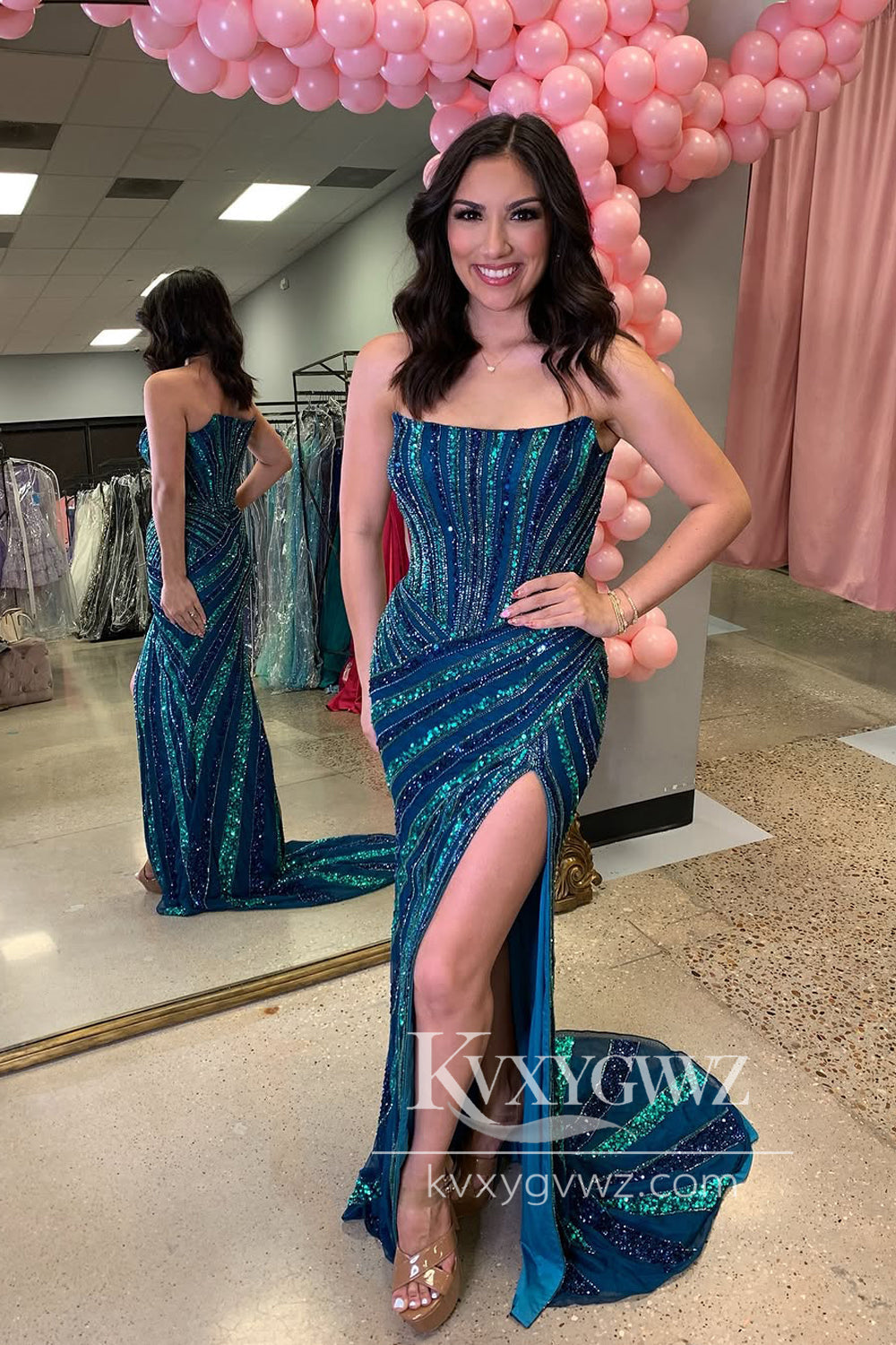 Mermaid Strapless Evening Gown Blue Sequins Sweep Train Long Prom Dress with Slit LF1324