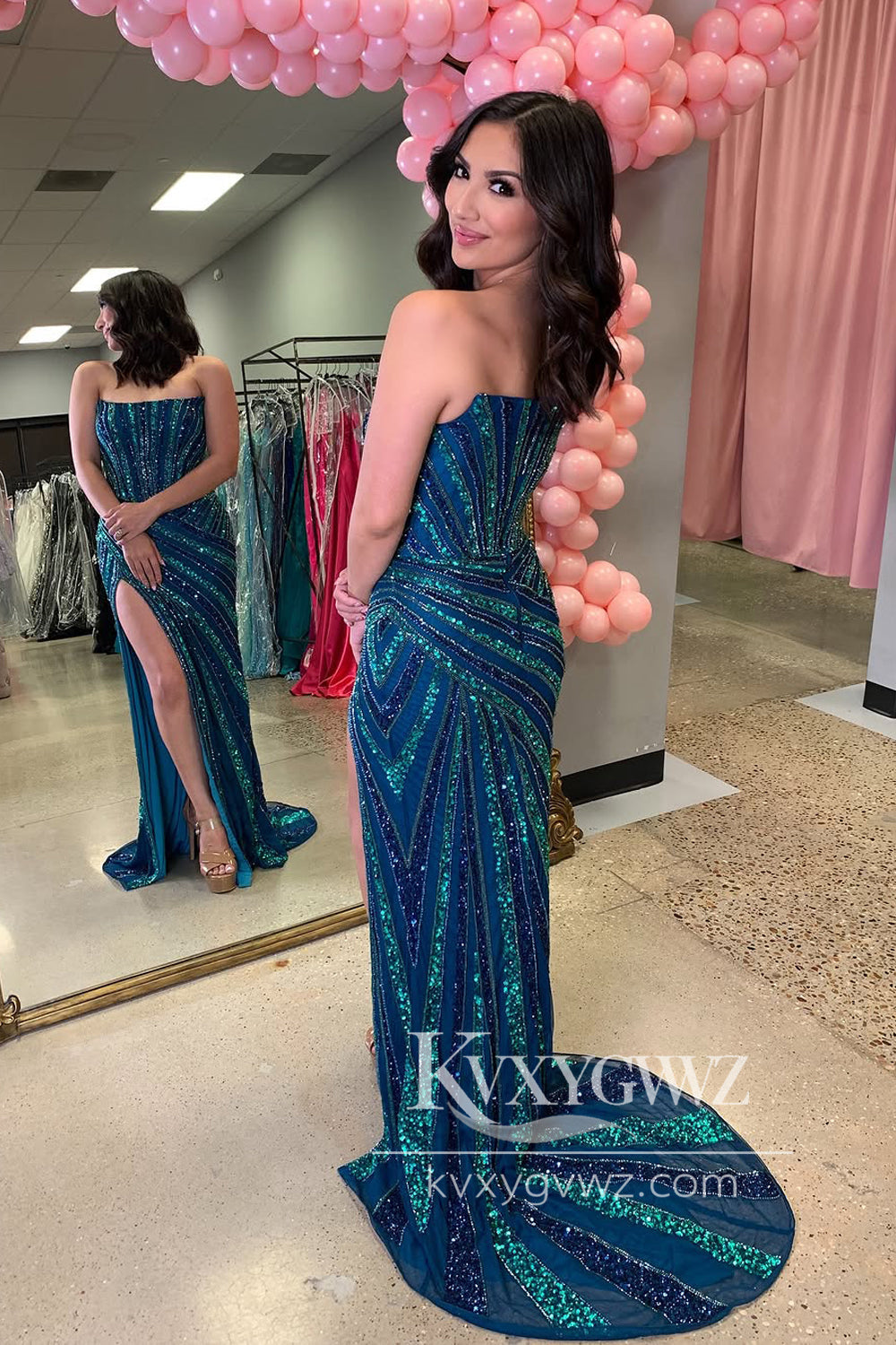 Mermaid Strapless Evening Gown Blue Sequins Sweep Train Long Prom Dress with Slit LF1324