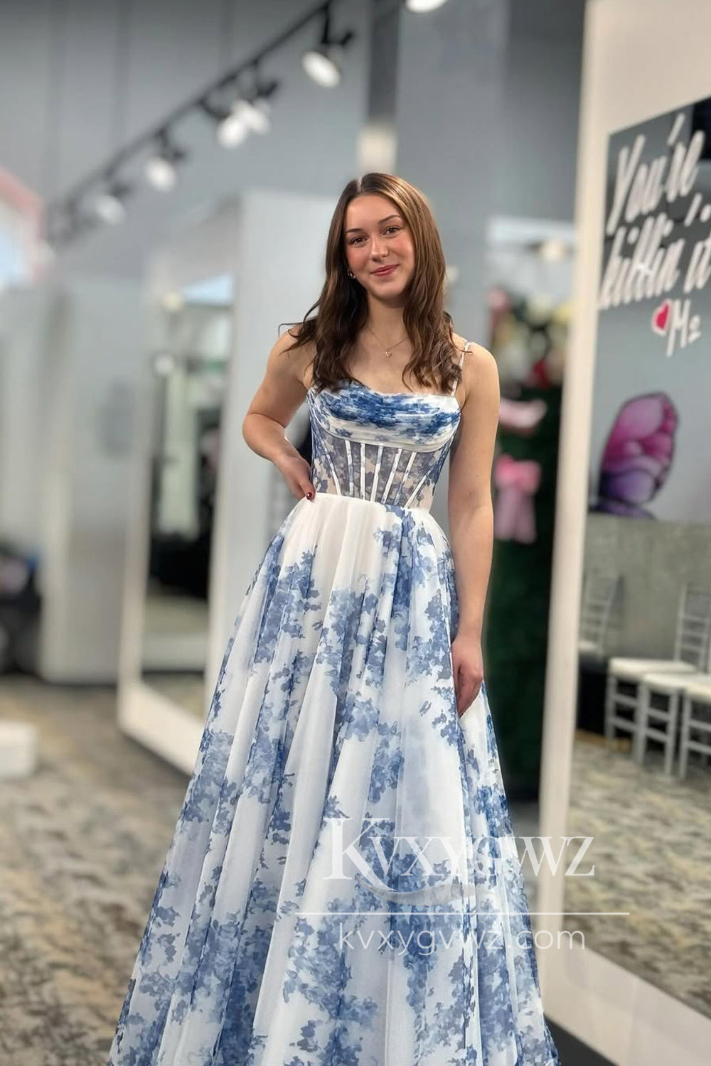 A-Line Scoop Neck Evening Gown Blue Floral Printed Long Prom Dress LF1326