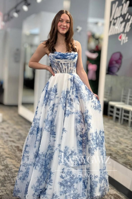 A-Line Scoop Neck Evening Gown Blue Floral Printed Long Prom Dress LF1326