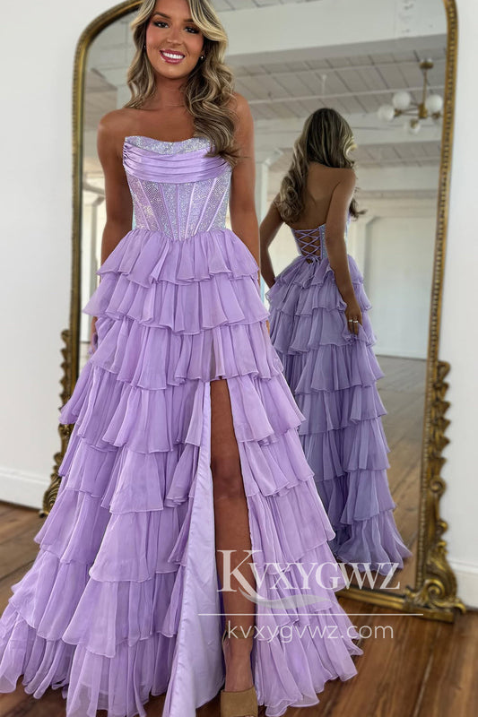 Stunning A-Line Scoop Neck Evening Gown Light Purple Tiered Long Prom Dress with Hot Stone Beading LF1327