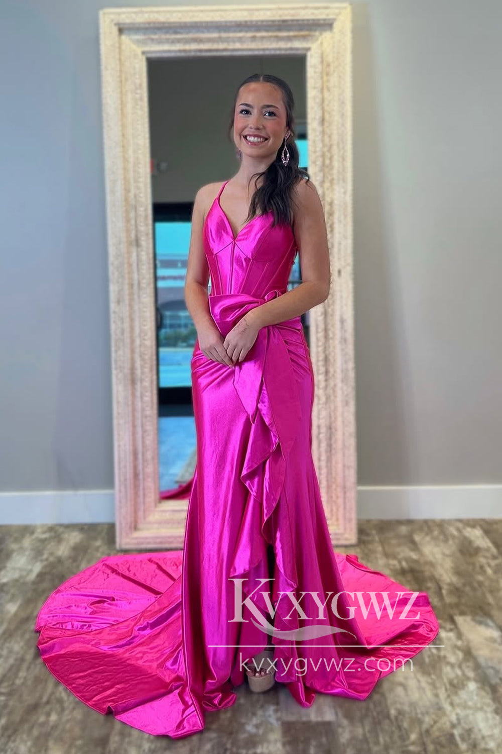 Mermaid V Neck Pink Evening Gown Satin Long Prom Dress with Ruffle Slit LF1328