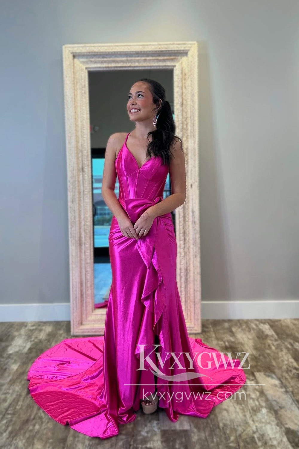 Mermaid V Neck Pink Evening Gown Satin Long Prom Dress with Ruffle Slit LF1328