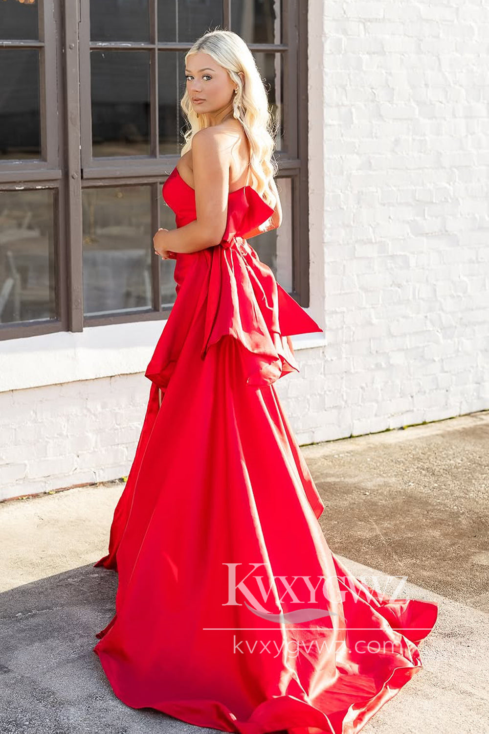 Mermaid Strapless Evening Gown Red Satin Long Prom Dress with Bowknot LF1329