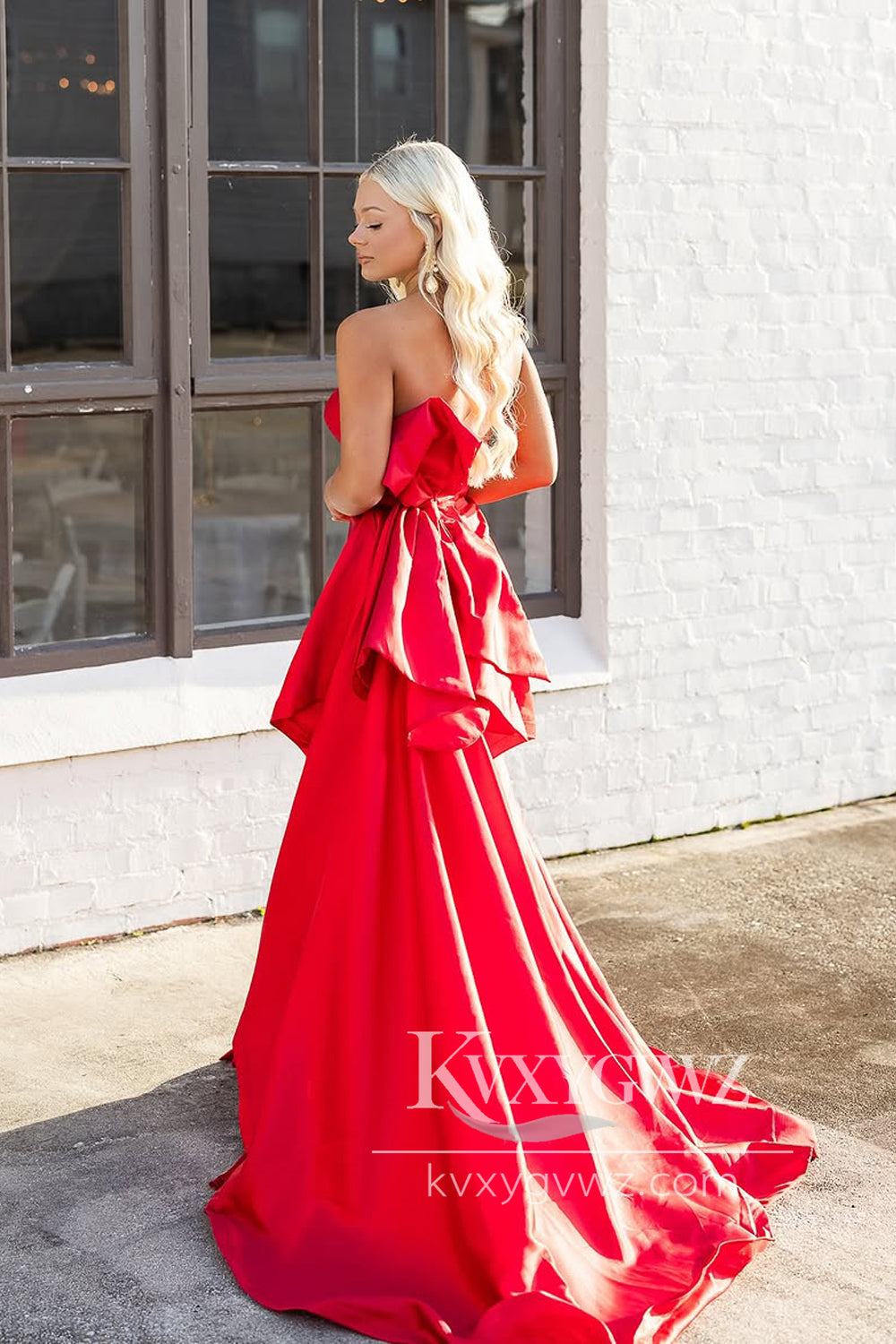 Mermaid Strapless Evening Gown Red Satin Long Prom Dress with Bowknot LF1329