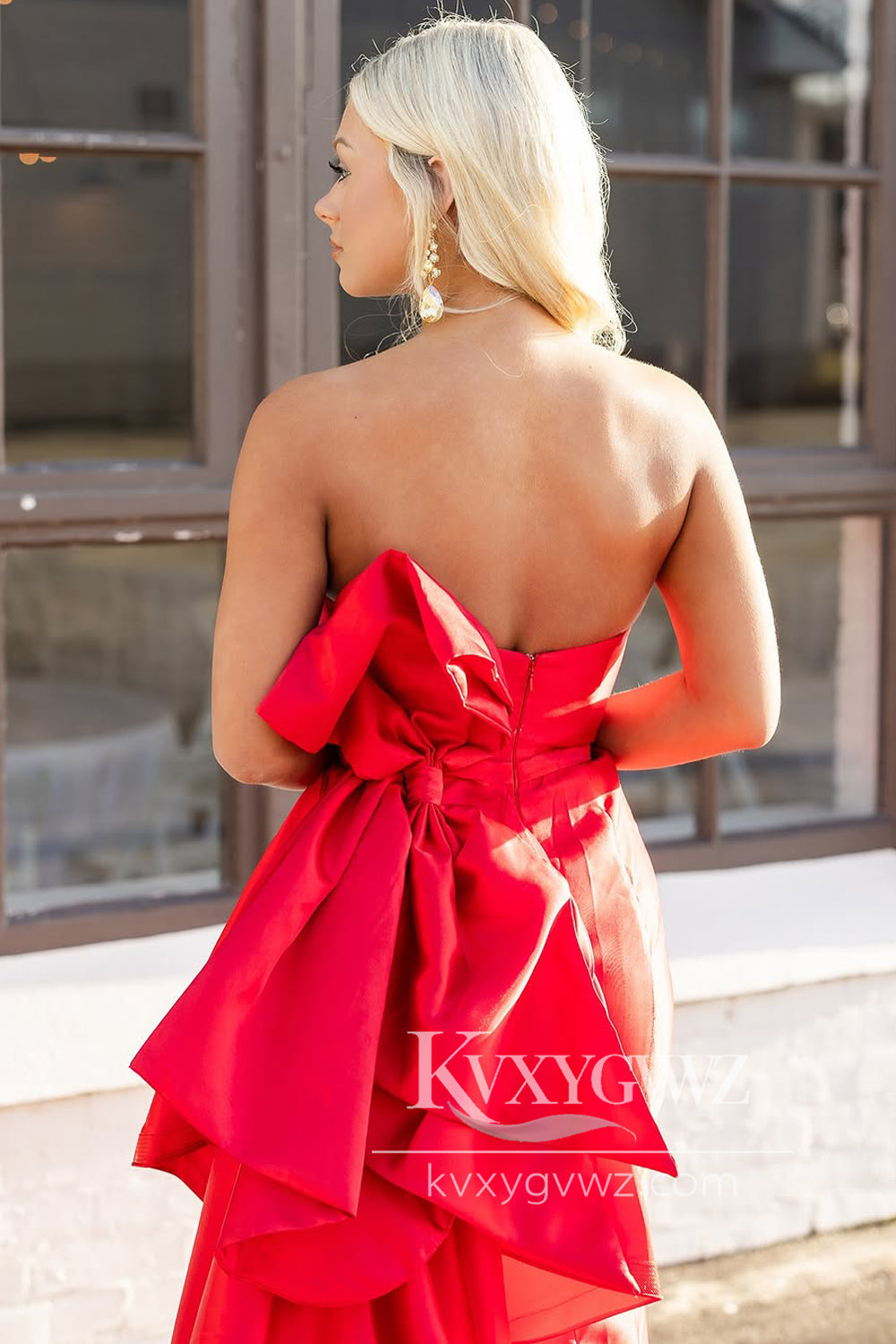 Mermaid Strapless Evening Gown Red Satin Long Prom Dress with Bowknot LF1329