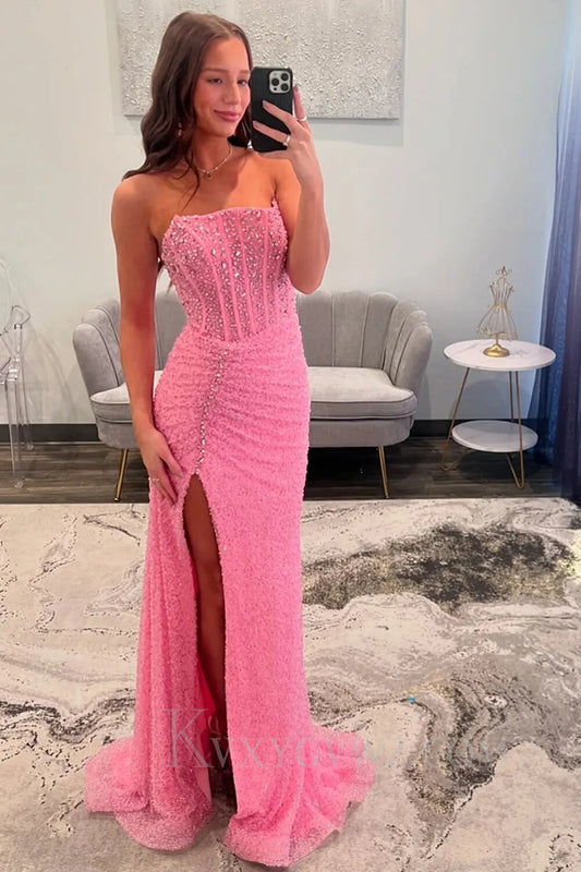 Pink Sequined Mermaid High Split Prom Dress With Sweep Train LF133
