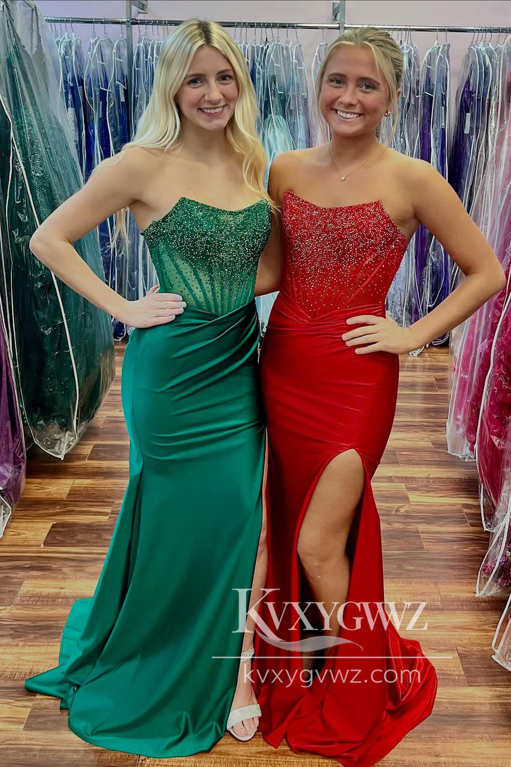 Mermaid Strapless Evening Gown Green Satin Long Prom Dress with Slit LF1330