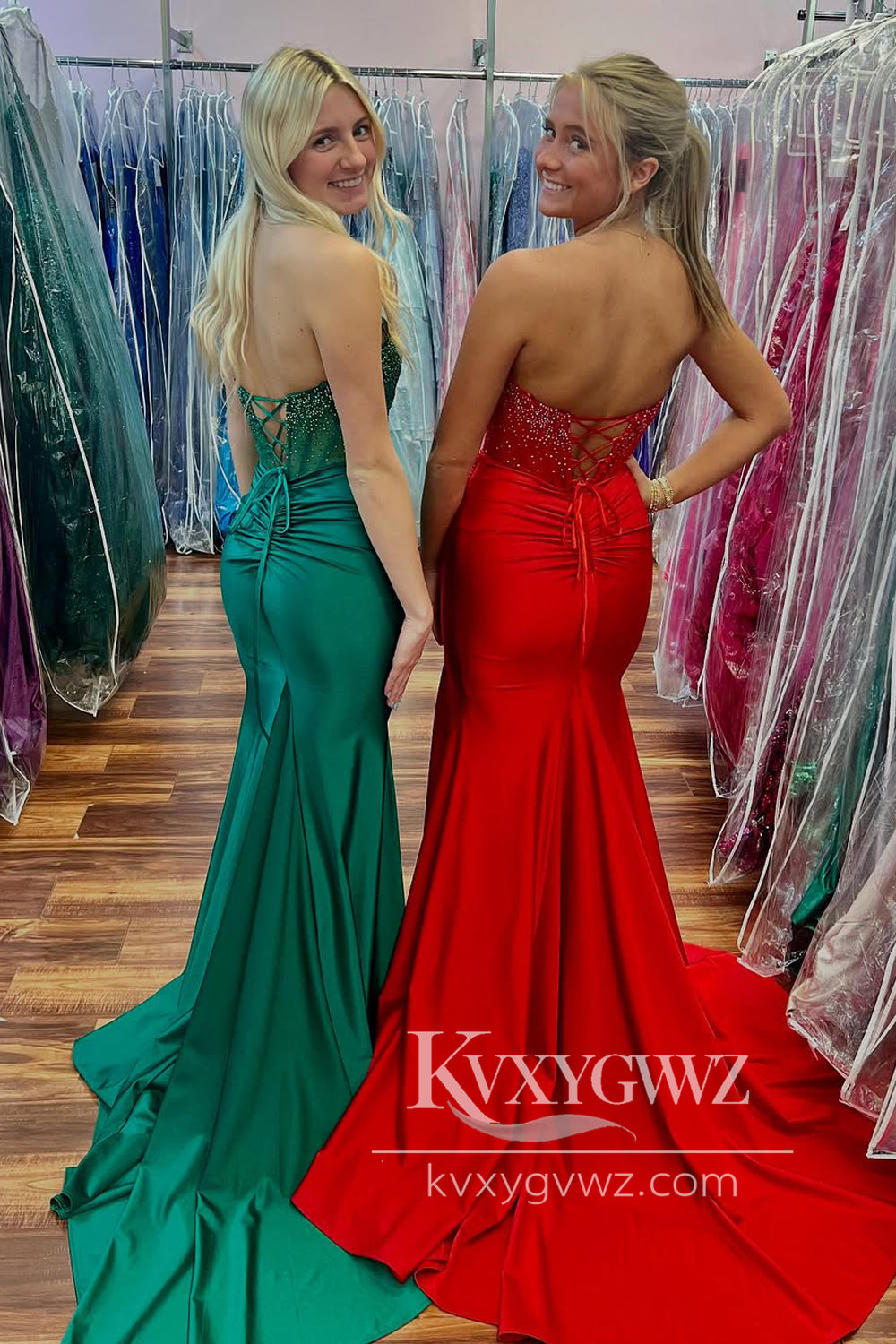 Mermaid Strapless Evening Gown Green Satin Long Prom Dress with Slit LF1330