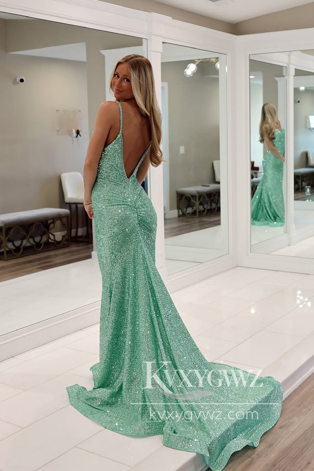 Stunning Mermaid Sweetheart Evening Gown Mint Green Sequins Long Prom Dress LF1331