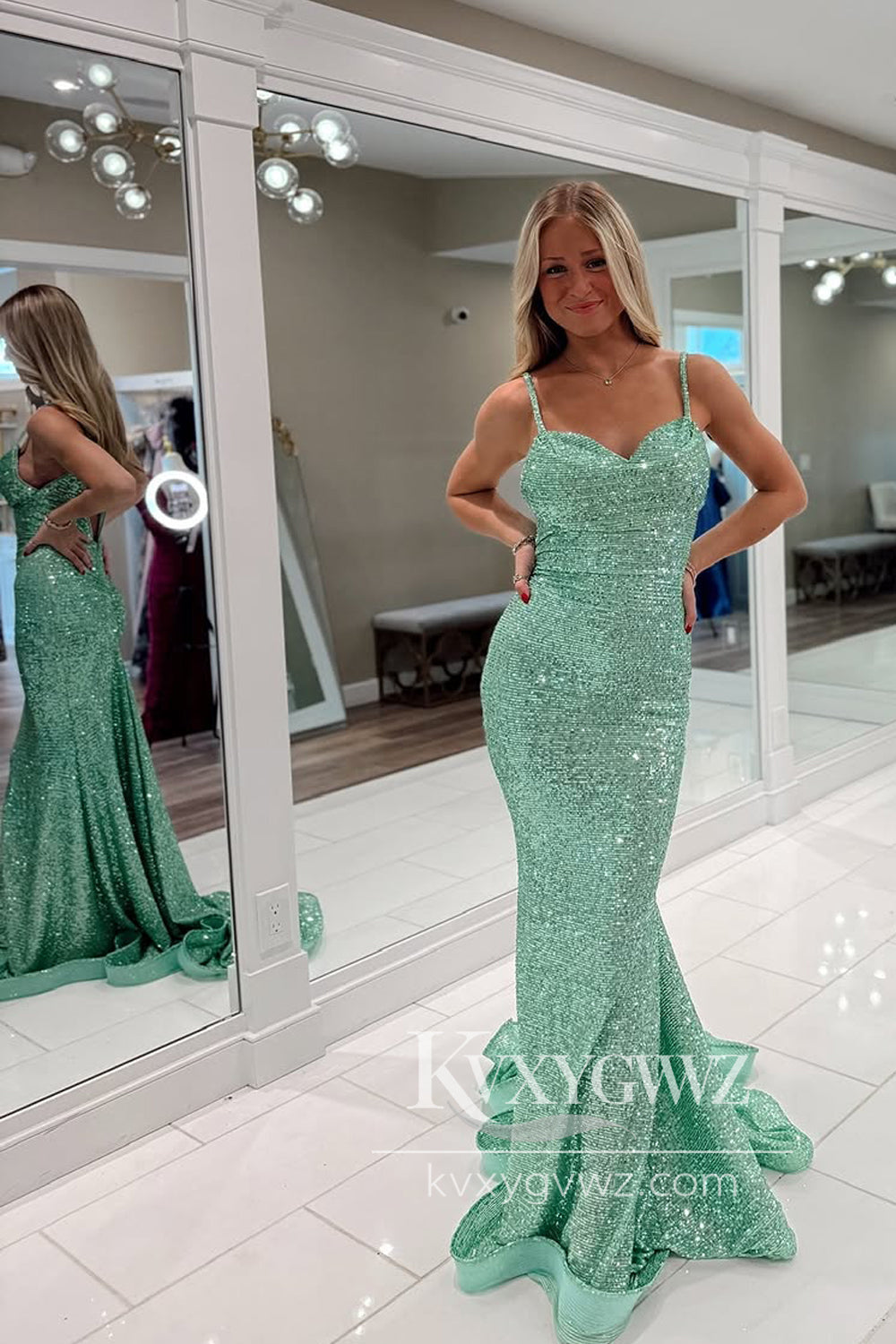 Stunning Mermaid Sweetheart Evening Gown Mint Green Sequins Long Prom Dress LF1331