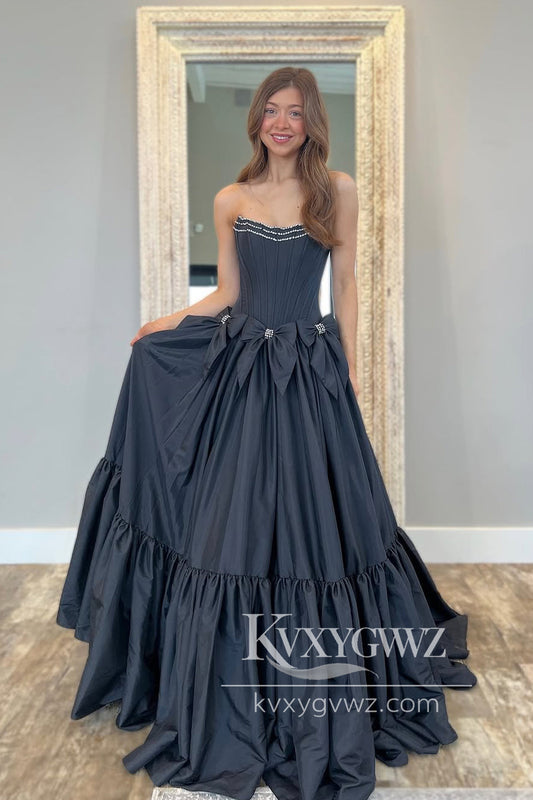 Ball Gown Strapless Evening Gown Black Satin Long Prom Dress Gown with Bowknots LF1332