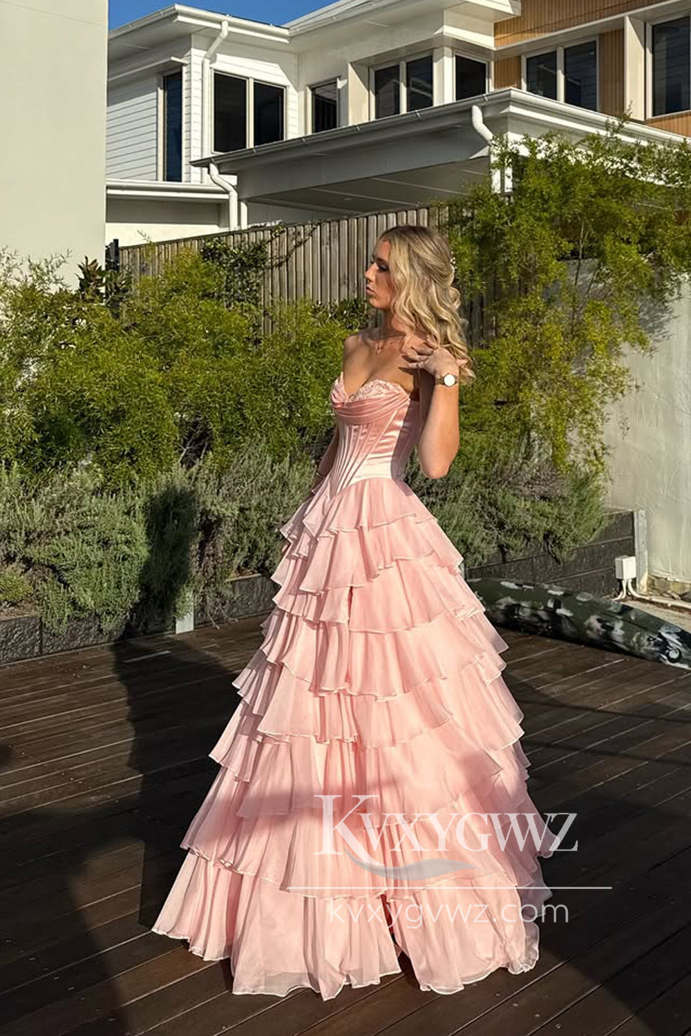 Stunning A Line Sweetheart Evening Gown Blush Pink Tiered Chiffon Prom Dress with Slit LF1333
